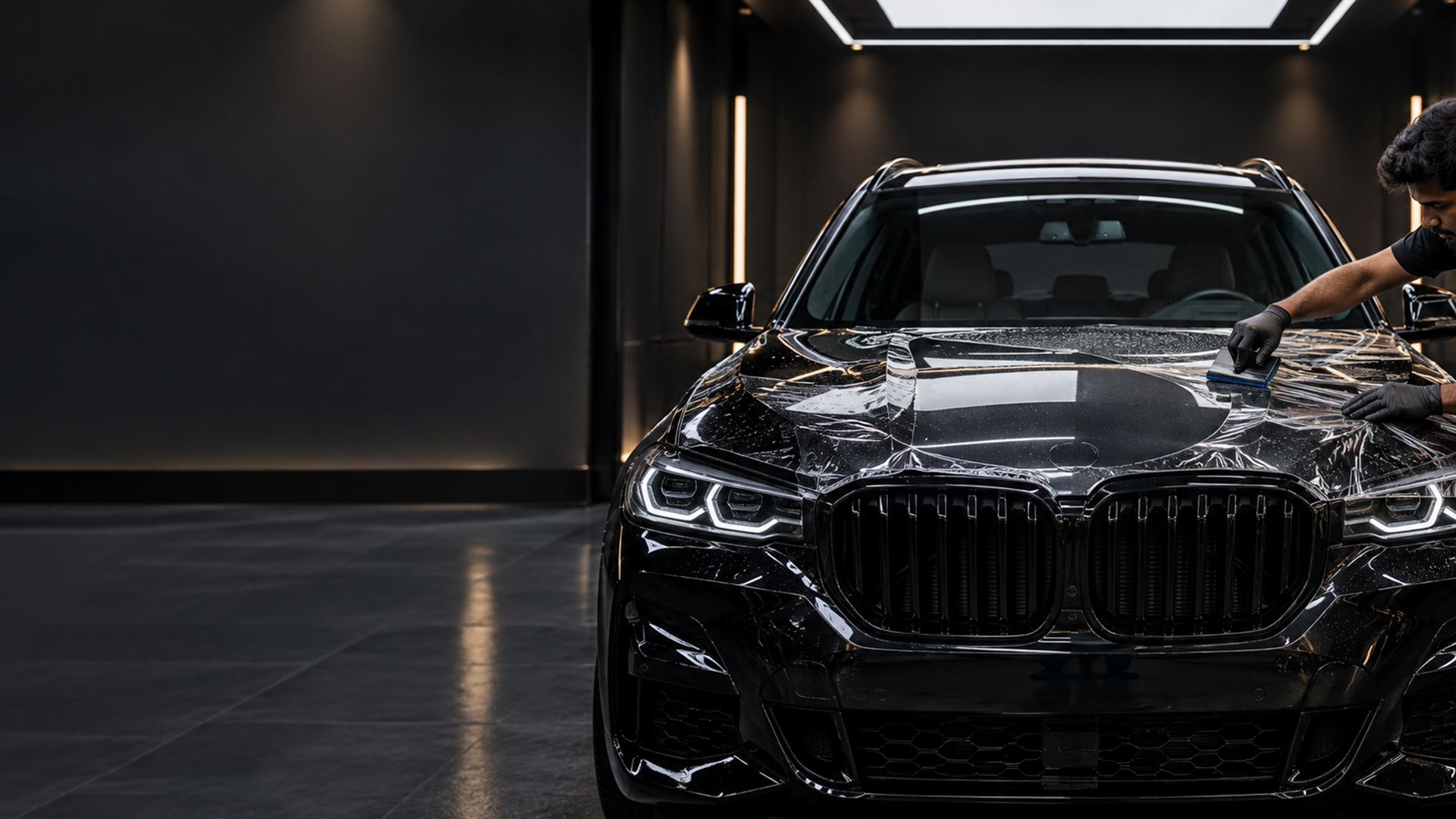 Black car being detailed inside The Detail Den studio
