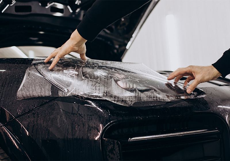 Paint protection film being fitted on a car bonnet
